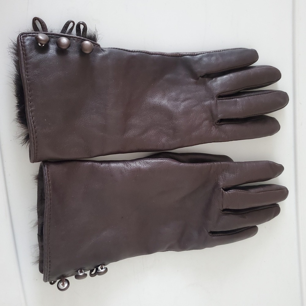 Women's Genuine Leather Gloves Brown Fur Trim & Button Accents Size M Winter